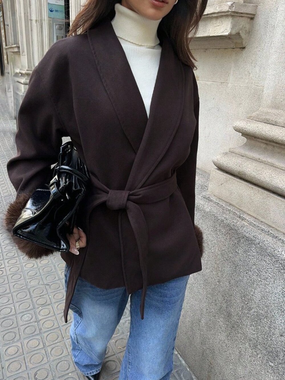 Coffee Brown Casual Women's Fuzzy Cuff Overcoat - Picture 4 of 8